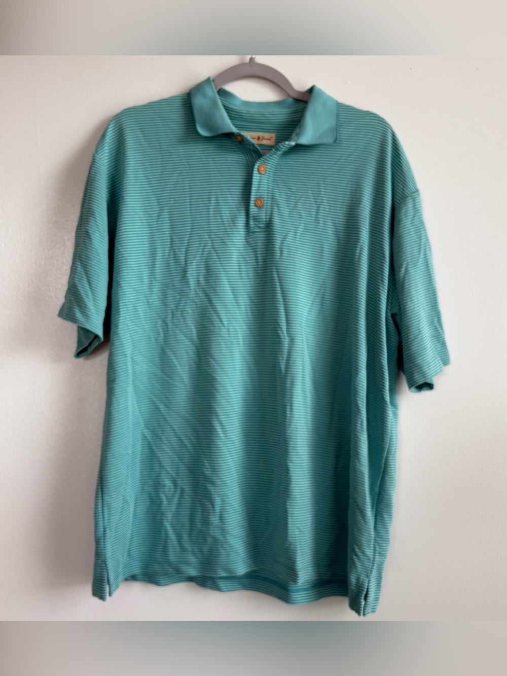 Jamaica Jaxx Men's L/G Blue Green Striped Modal Blend Short Sleeve Button Polo